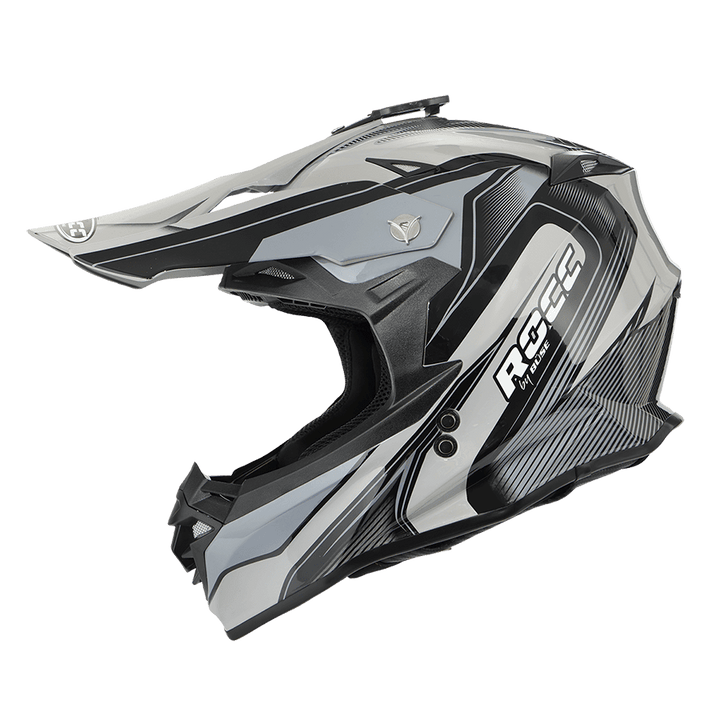 Snygg Rocc Cross MC-hjälm 713 i svart och grå design med robust konstruktion och UV-skydd. Optimal för äventyr och säkerhet.