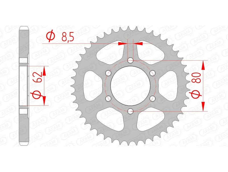 AFAM Steel Standard Bakdrev 12203 - 428 i stål med 62 mm innerdiameter och 80 mm bultcirkel. Passar Yamaha DT 125 och TW 200 modeller.