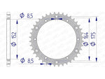 Teknisk ritning av AFAM Aluminium Rear Sprocket 13500 - 520 med detaljerade dimensioner. Kompatibel med flera Husqvarna och Yamaha motorcyklar.