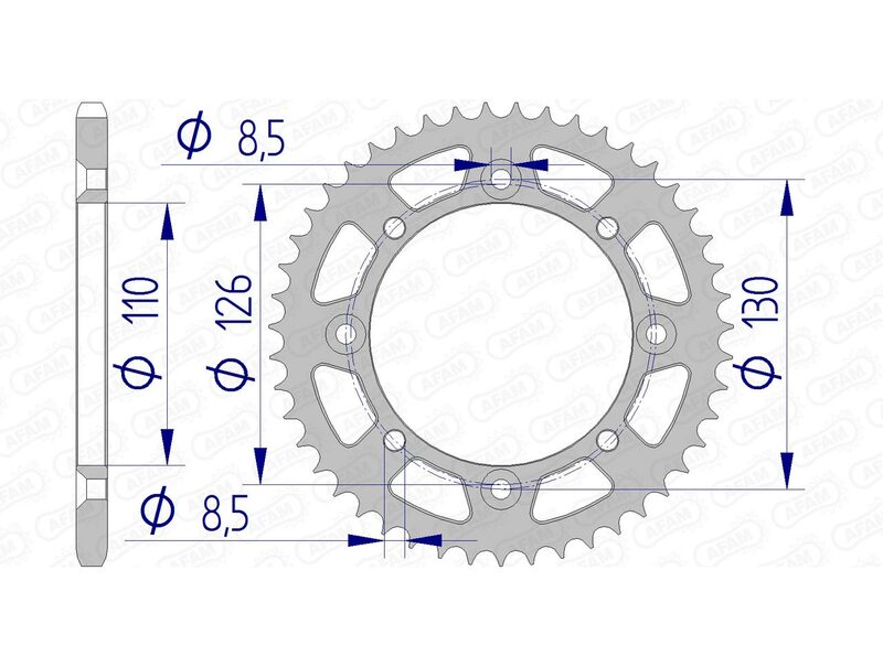 Teknisk ritning av AFAM Aluminium Rear Sprocket 17107420, kompatibelt med Kawasaki KX 60 och KX 65 samt Suzuki RM 65, visar exakta dimensioner.