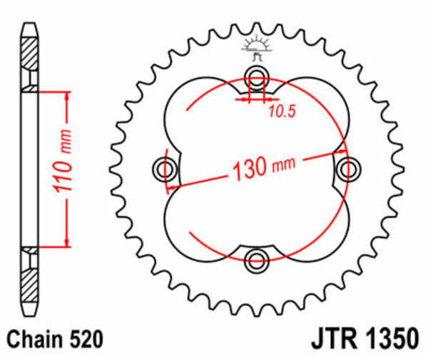 A JT Sprock acél szabványának hátsó lengése 1350 - 520 JTR1350.36