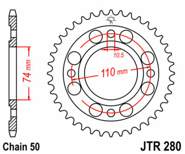 A JT Sprock acél szabványos hátsó láncszalagja 280 - 530 JTR280.33