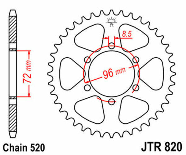 A JT Sprock acél szabványos hátsó láncszalagja 820 - 520 JTR820.42