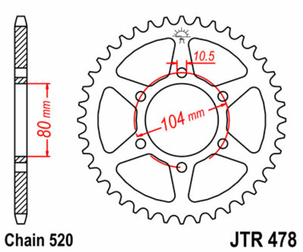 A JT Sprock acél szabványának hátsó lengése 478 - 520 JTR478.42