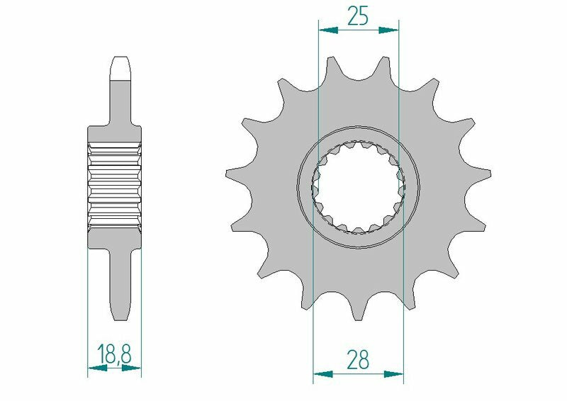 AFAM Steel Standard Front Sprocket 61801 - 525 med teknisk ritning. Kedjehjul i stål för Aprilia RSV4 och Tuono, med 25 mm innerdiameter och 18,8 mm bredd.