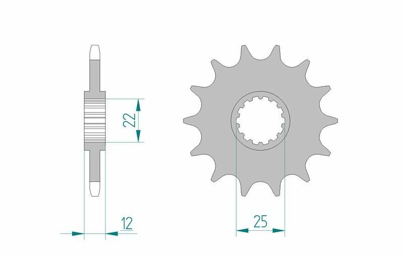 AFAM Stål Standard Framdrev 94313 - 520 med 12 kuggar, kompatibelt med Gas Gas EC och Enducross modeller. Teknisk ritning med måttangivelser.