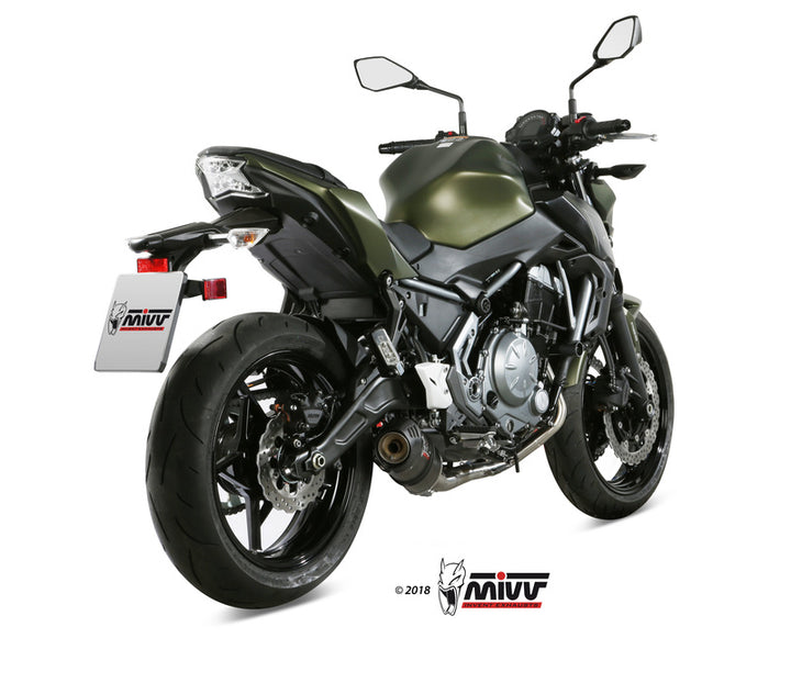 MIVV Oval Full Exhaust System monterad på Kawasaki Z650 K.044.L3C, visad bakifrån med sportig design och högkvalitativt avgassystem.