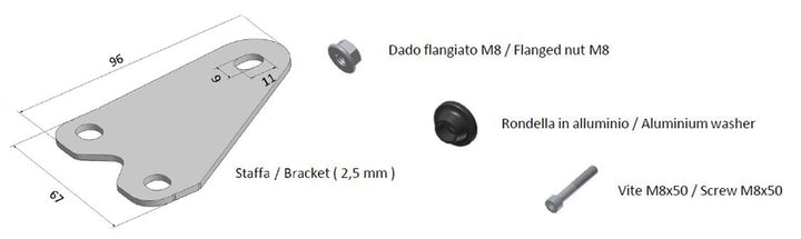 MIVV Mounting Kit for MK3 Muffler 50.SC.KU.001.SM3X med fäste, flänsmutter M8, aluminiumbricka och M8x50 skruv. Reservdel för avgassystem.