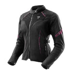 Rebelhorn Dam Textil Mc-Jacka Jax i svart och rosa med CE-godkända skydd och ventilationspaneler. Perfekt för säker och bekväm motorcykelkörning.