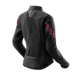 Baksidan av Rebelhorn Dam Textil Mc-Jacka Jax med meshpaneler för ventilation och justerbar passform. Stilren design i svart och rosa.