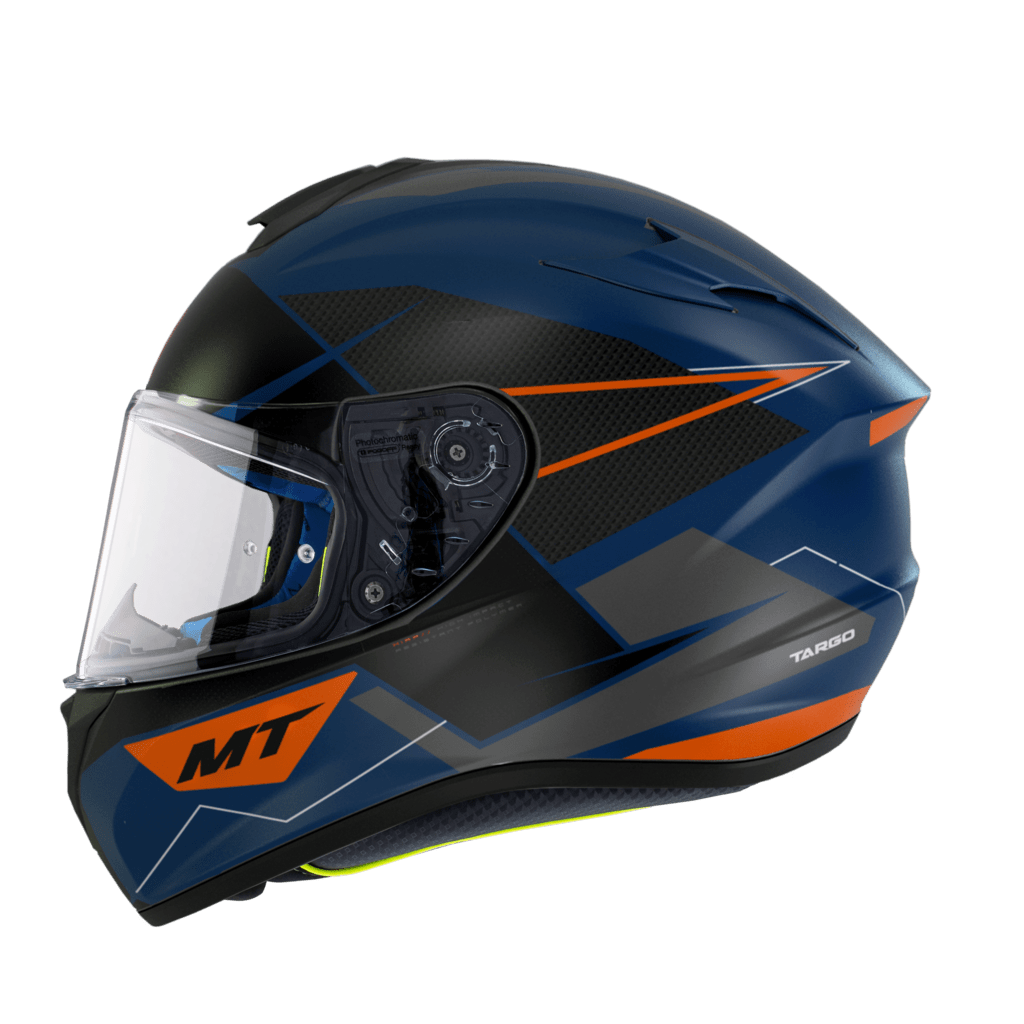 Sidovy av MT Helmets Integral Mc-Hjälm Targo Podium Azul med sportig blå och orange design, perfekt för motorcyklister.