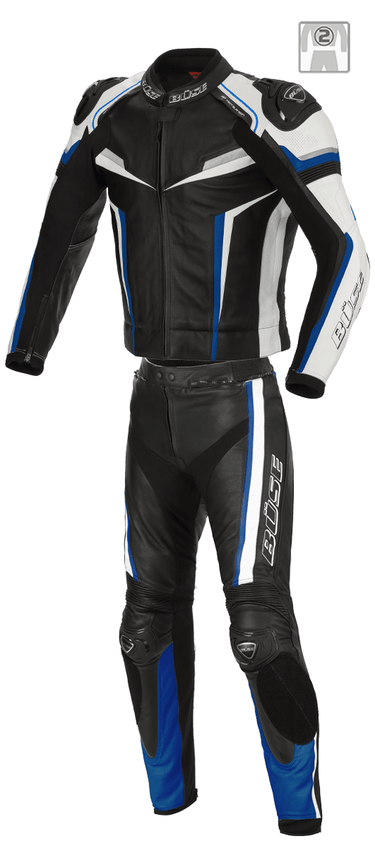 Buse skinnställ 2-delat Mille i svart och blått med hög säkerhet och Hartschalen-skydd. Perfekt för motorcyklister, finns i flera storlekar.