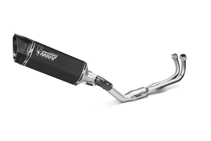 MIVV SR-1 Full Exhaust System Y.073.LR1TB avgasrör i rostfritt stål med svart ljuddämpare och kolfiberdetaljer, perfekt för motorcykeltillbehör.