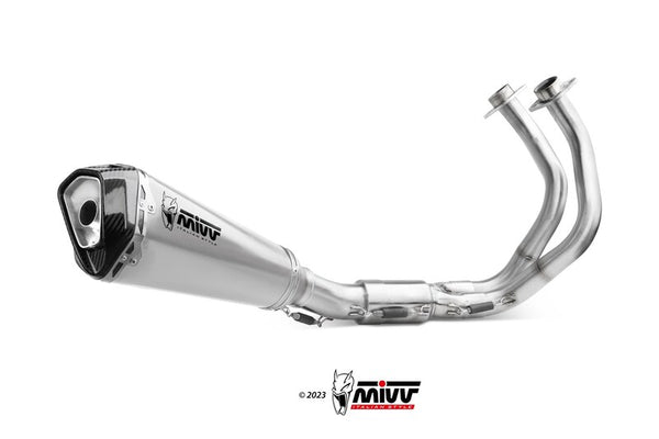 MIVV Delta Race Full Exhaust System K.057.LDRX i rostfritt stål med sportig design för motorcyklar, perfekt för prestandaoptimering.