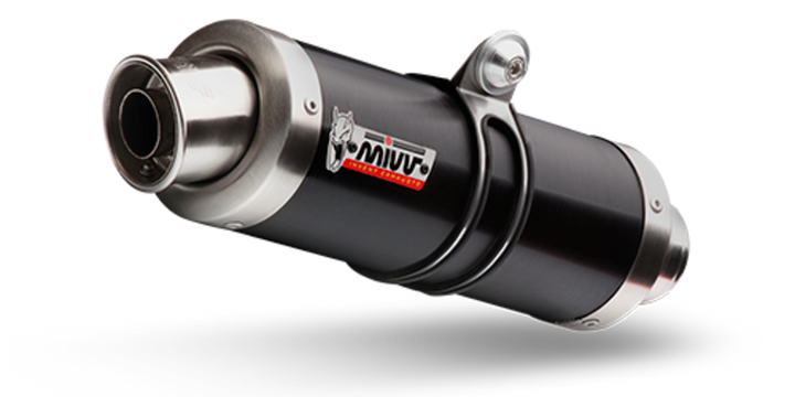 Produktvy av MIVV Delta Race Full Exhaust System Z.003.LXB i svart med rostfria detaljer. Högpresterande reservdel för motorcyklar.
