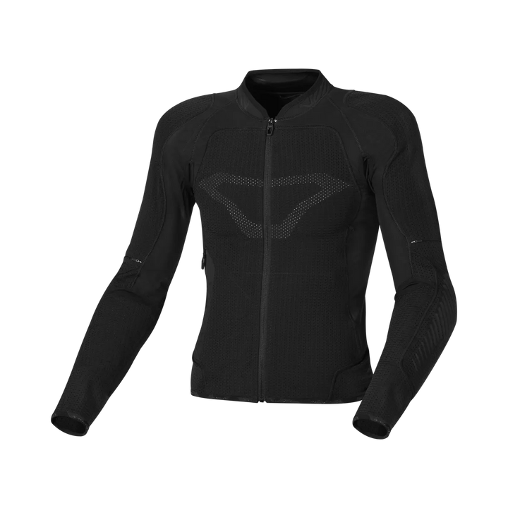 Macna Skyddströja Whizzar Level 2 Svart med ventilerande meshmaterial och CE Level 2-skydd för motorcykelåkning, framifrån.