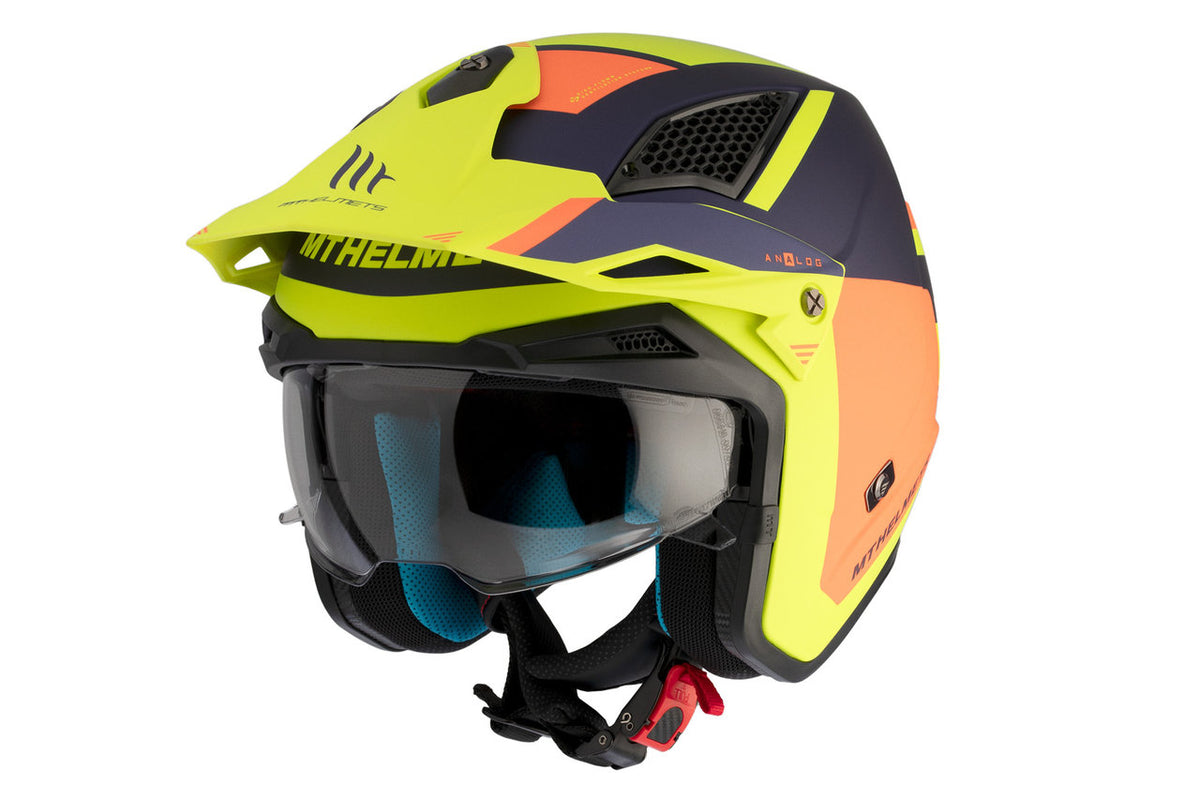 MT Helmets öppen mc-hjälm District SV S D27 i neongul och orange design med integrerat solskydd och ventilationskåpor. ECE 22.06 och DOT-godkänd.