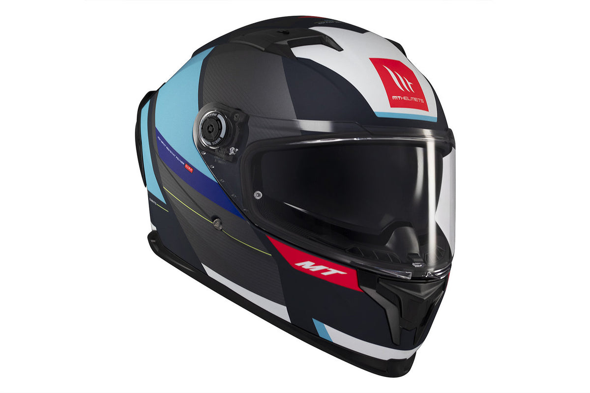 MT Helmets Integral Mc-Hjälm Braker SV Chento C7 med aerodynamisk form, integrerat visir och sportig grafik i blått, svart och vitt.