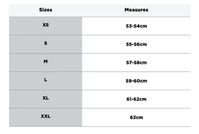 Storlekstabell för HJC Integral Mc-Hjälm F70 Carbon Kesta med mått för XS till XXL, anpassad för olika huvudstorlekar.