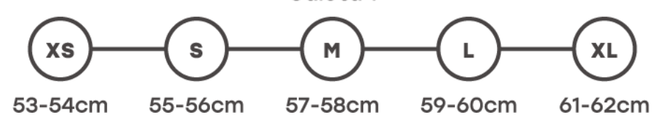 Storleksguide för MT Helmets Integral Mc-Hjälm Targo Truck Matt, från XS till XL med motsvarande huvudmått i centimeter.