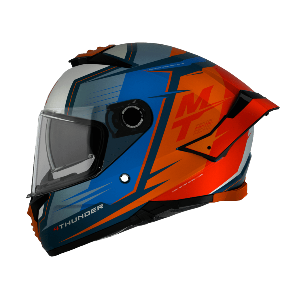 Sidovy av MT Helmets Integral Mc-Hjälm Thunder 4 SV Pental Pearl Orange med integrerat visir och sportig grafik i blått och orange.