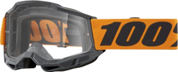 100% Goggles Strata 2 Neon Orange med klar lins, designade för motocross och motorcykelkörning. Ergonomisk passform och slitstark orange rem.