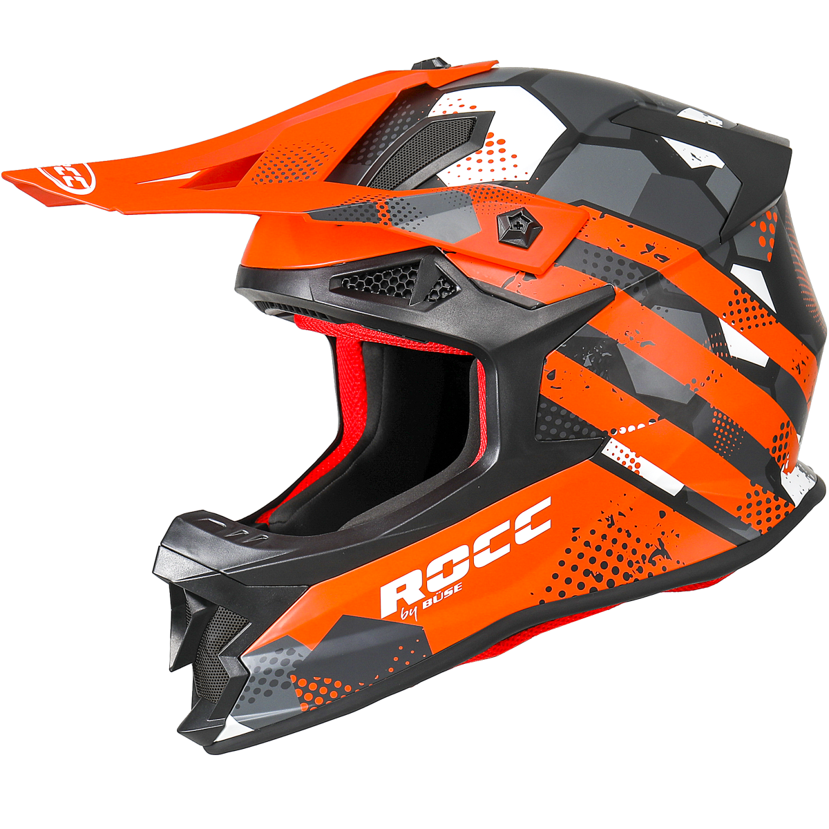 Rocc Cross Mc-Hjälm 800 i svart och orange med justerbar skärm och modern design. Perfekt för motocross och säker körning.