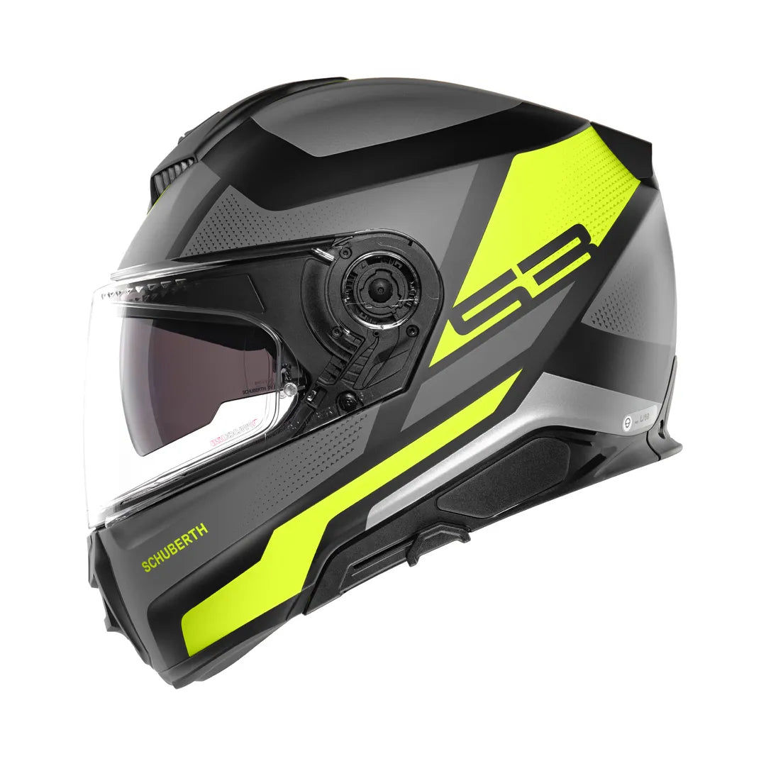 Schuberth Integral Mc-Hjälm S3 Daytona Svart/Flu med avancerad ventilationssystem och fluorescerande gula accenter, vänster sidovy.