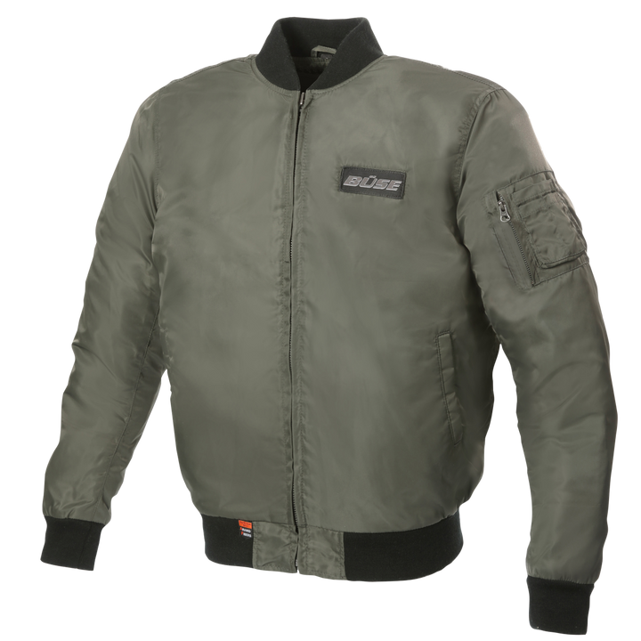 Buse Textil Mc-Jacka Kingman Grön med ribbade muddar, dragkedja och fickor fram. Stilren motorcykeljacka i grönt textilmaterial för säkerhet och komfort.