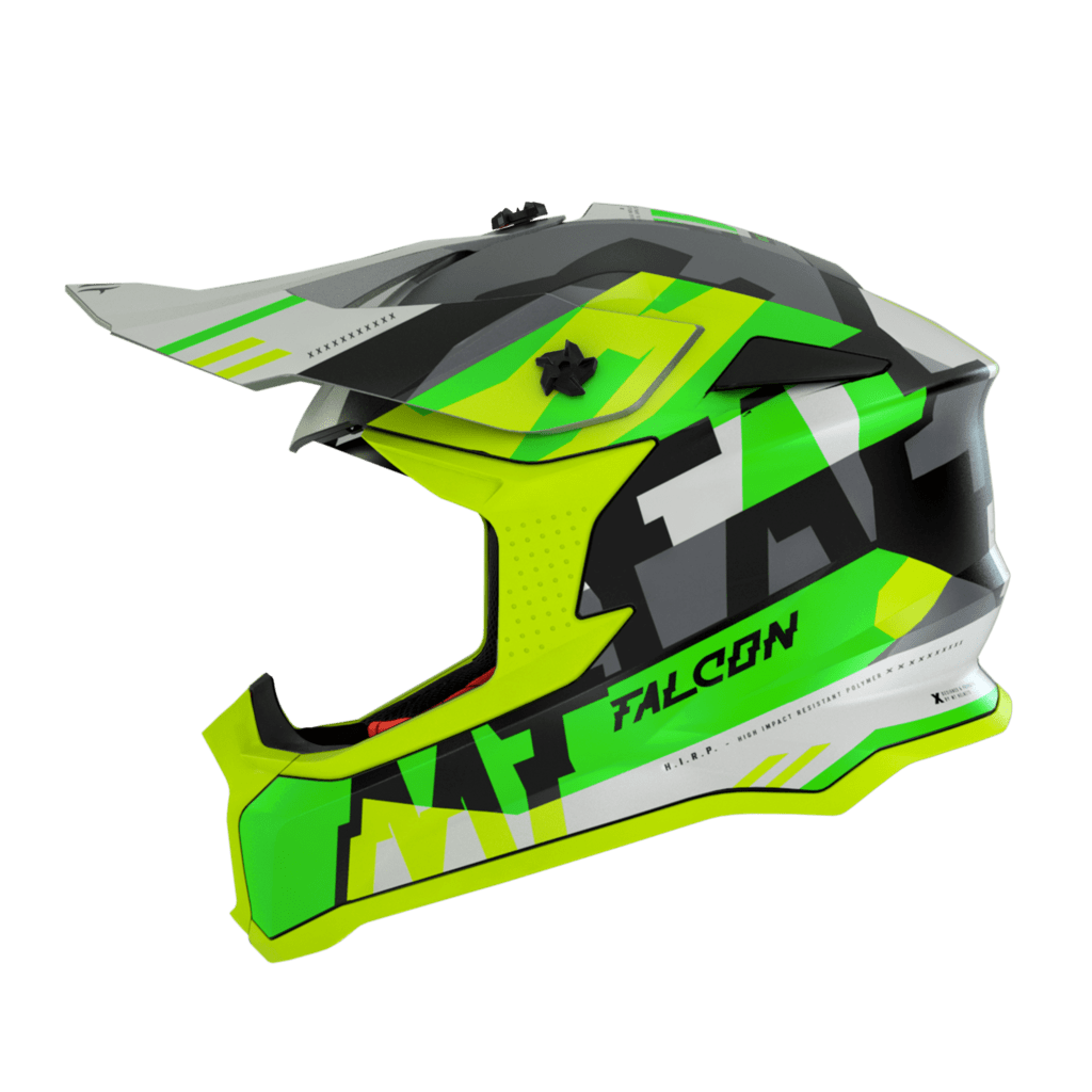 MT Helmets Cross Mc-Hjälm Ayra Falcon Pearl Flu i grönt, svart och vitt med modern design. Perfekt för motocross och säkerhet på vägarna.