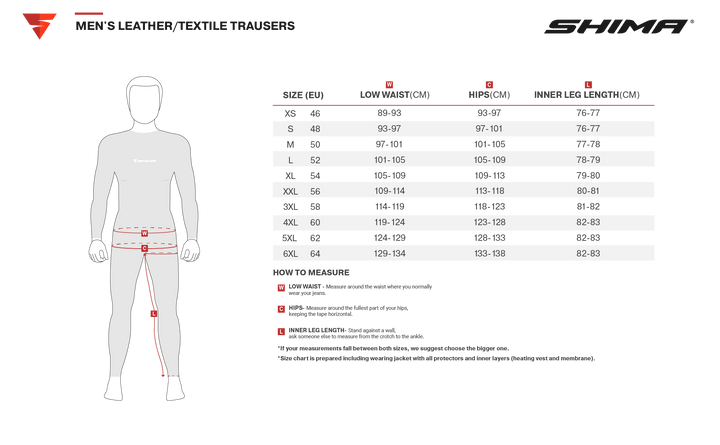 Storleksguide för Shima Textil Mc-Byxor Rush Svart med mått för midja, höfter och innerbenslängd. Hjälper till att välja rätt storlek.