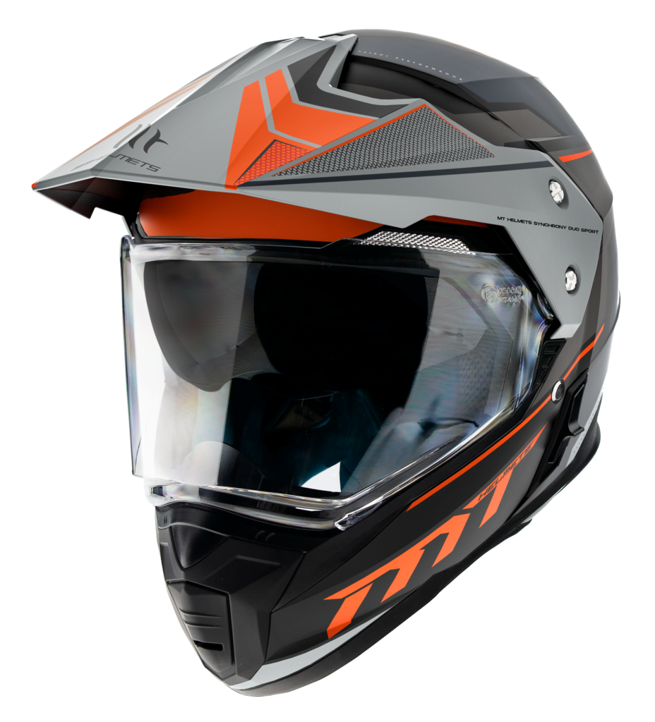 MT Helmets Enduro Mc-Hjälm Synchrony Patrol Matt Orange med visir och aerodynamisk design, grå och orange detaljer, storlek XS-XXL.