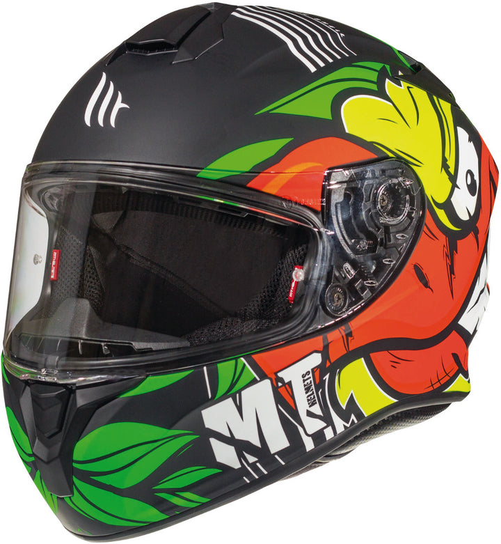 MT Helmets Integral Mc-Hjälm Targo Truck Matt med färgglad grafik, visir och ventilationssystem. Passar för motorcykelförare i stadsmiljö.