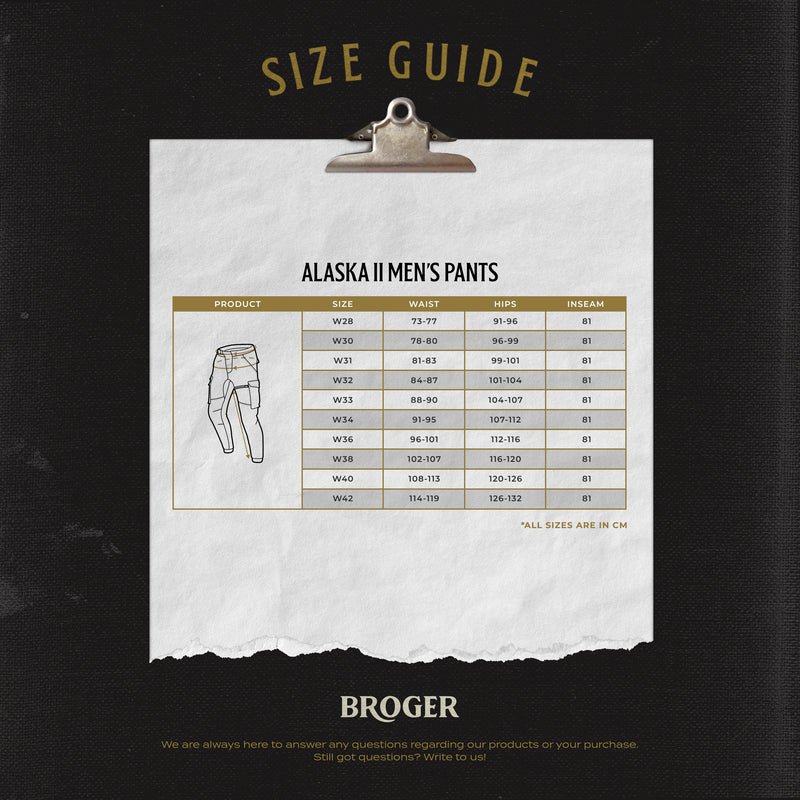 Storleksguide för Broger Kevlar Mc-Jeans Alaska Svart med mått för midja och innerbenslängd i centimeter.