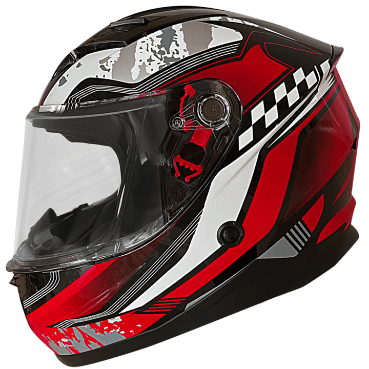 Rocc 42 barn integral MC-hjälm i röd och svart design med justerbar ventilation, robust visir och tvättbart foder. Perfekt för barns säkerhet.