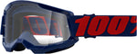 100% Goggles Strata 2 Masego - Klar med blå ram och röd logotyp på bandet, designade för motocross och motorcykelsäkerhet.