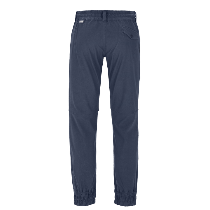 Baksida av Spidi Mc-Byxor Moto Jogger Blå med elastiska benslut och en bakficka. Perfekta för säker och bekväm motorcykelkörning.