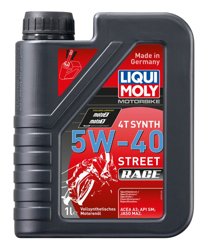 Liqui Moly Motorolja 4T SYNT 5W-40 RACE 1L med röd etikett och svart plastbehållare, idealisk för motorcyklar och högpresterande motorer.