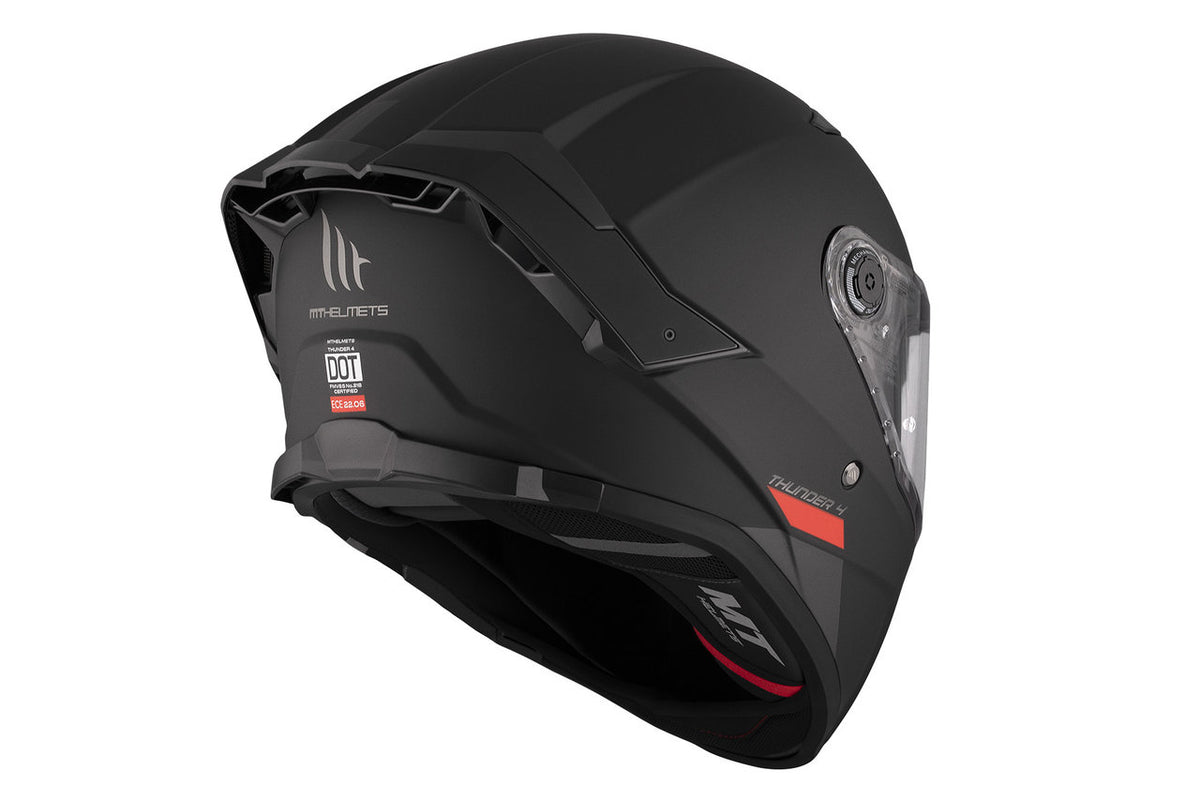 Baksida av MT Helmets Thunder 4 SV Matt Svart med DOT-certifiering och stilren design för motorcykelentusiaster.