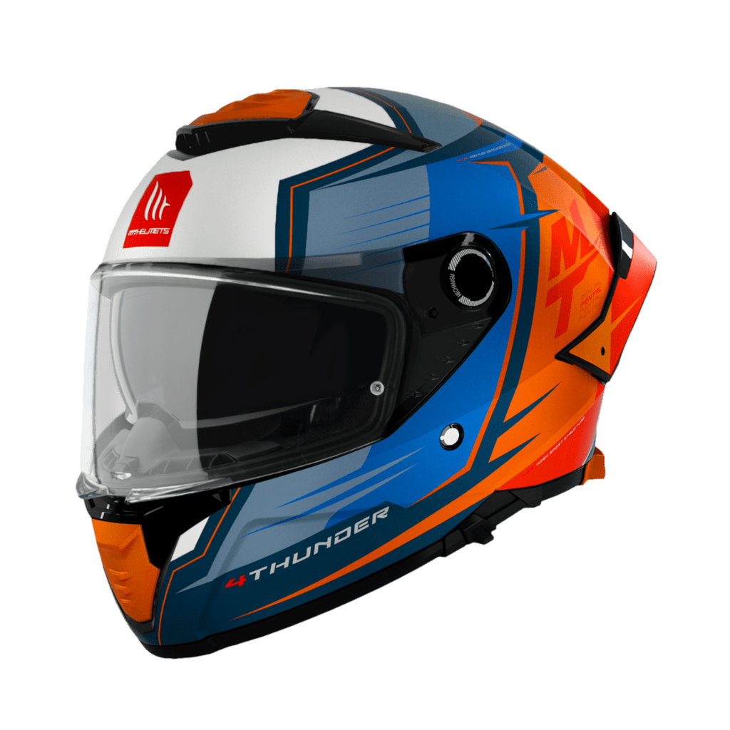 MT Helmets Integral Mc-Hjälm Thunder 4 SV Pental Pearl Orange med aerodynamisk design, visir och färgglada detaljer i blått och orange.