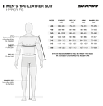 Storleksguide för Shima Mc-Skinnställ Hyper-RS med mått för bröst, mage, arm och innerben. Välj rätt storlek för optimal passform.