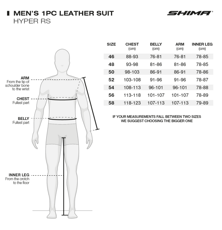 Storlekstabell för Shima Hyper-RS 1-delat mc-skinnställ med mått för bröst, midja, arm och innerben för optimal passform.