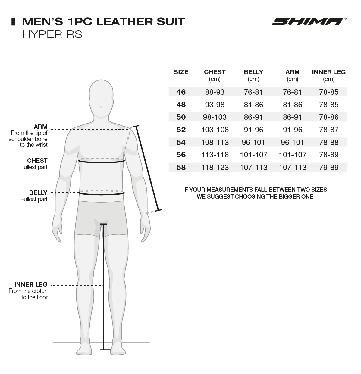 Storlekstabell för Shima Hyper-RS 1-delat skinnställ med mått för bröst, mage, arm och innerben. Hjälp för att välja rätt storlek.