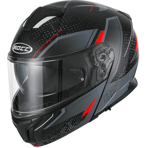 Rocc 810 öppningsbar MC-hjälm i svart och röd design med solvisir och aerodynamiska detaljer. Perfekt för flexibel körning.