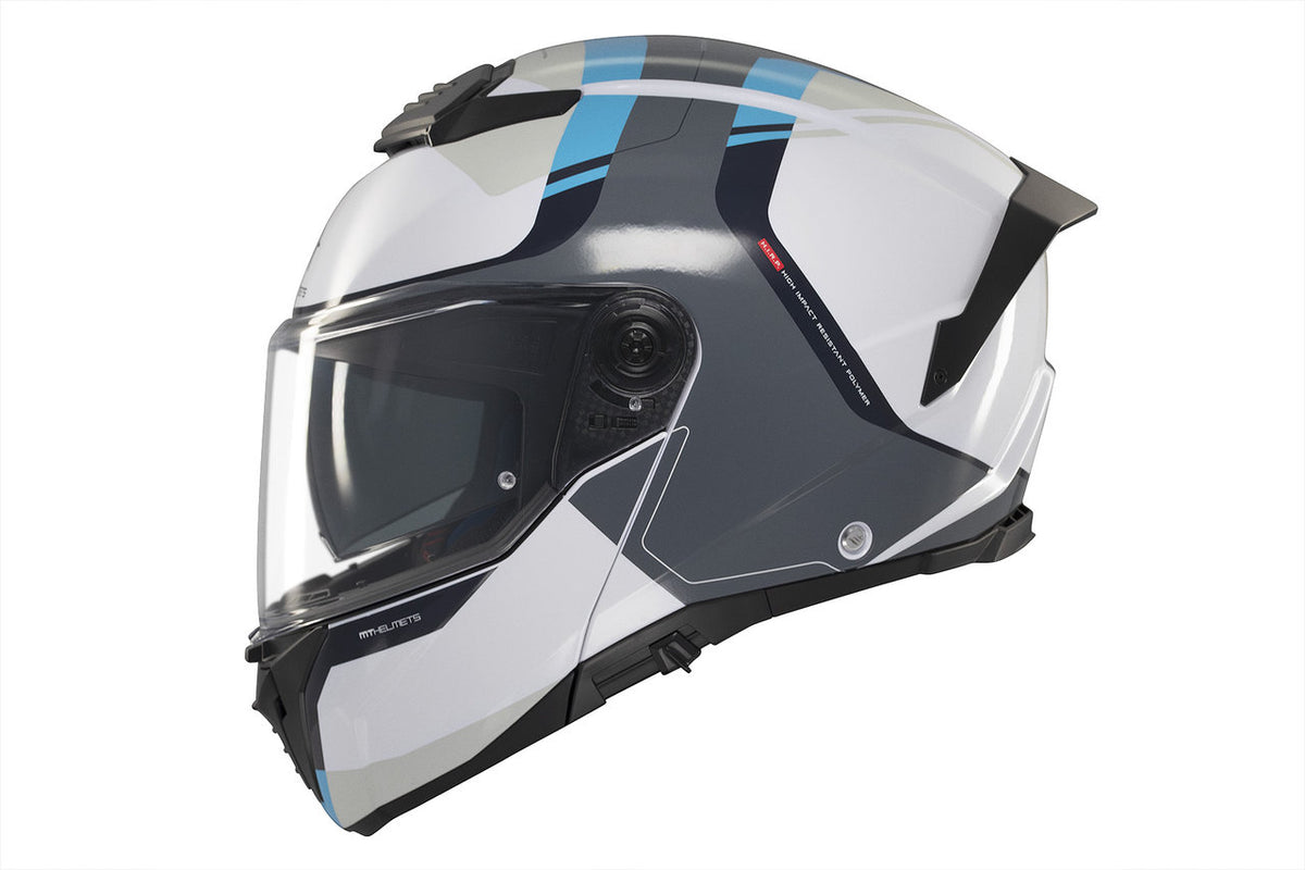 MT Helmets öppningsbar mc-hjälm Atom 2 SV Emalla C17 i vit, grå och blå design med integrerat visir och ventilation.