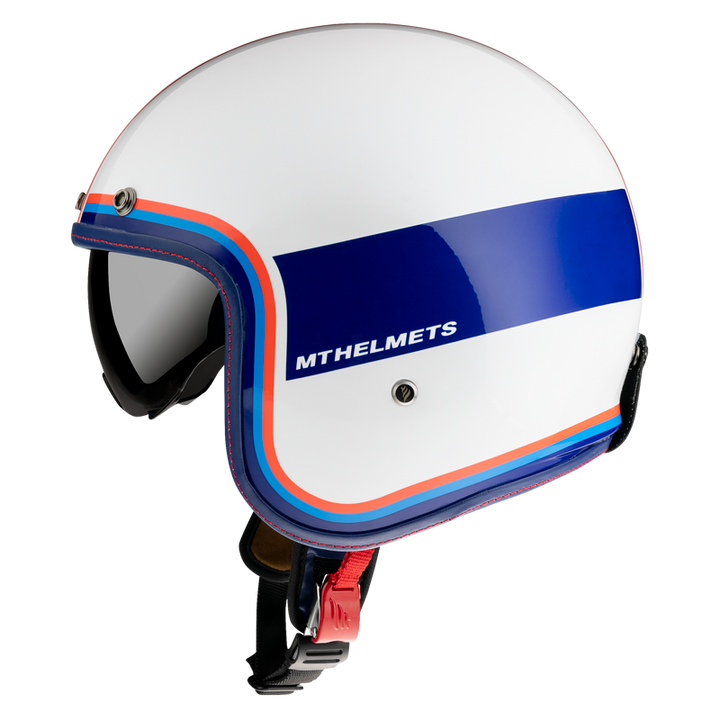 MT Helmets öppen mc-hjälm Le Mans Tant D15 med retroinspirerad vit bas, blå och orange ränder samt logotyp på sidan.