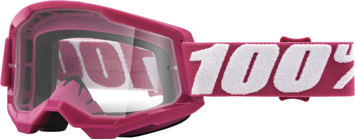 100% Goggles Strata 2 Fletcher i klar lins med rosa ram och elastiskt band med vit 100%-logotyp. Perfekta för motocross och skydd.