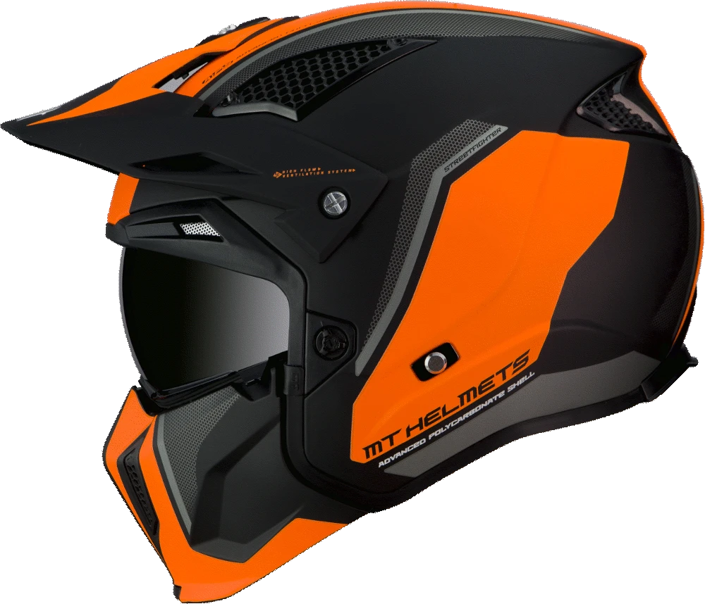 Sidovy av MT Helmets öppen MC-hjälm Streetfighter Twin Orange med aerodynamisk design och avancerad ventilation.