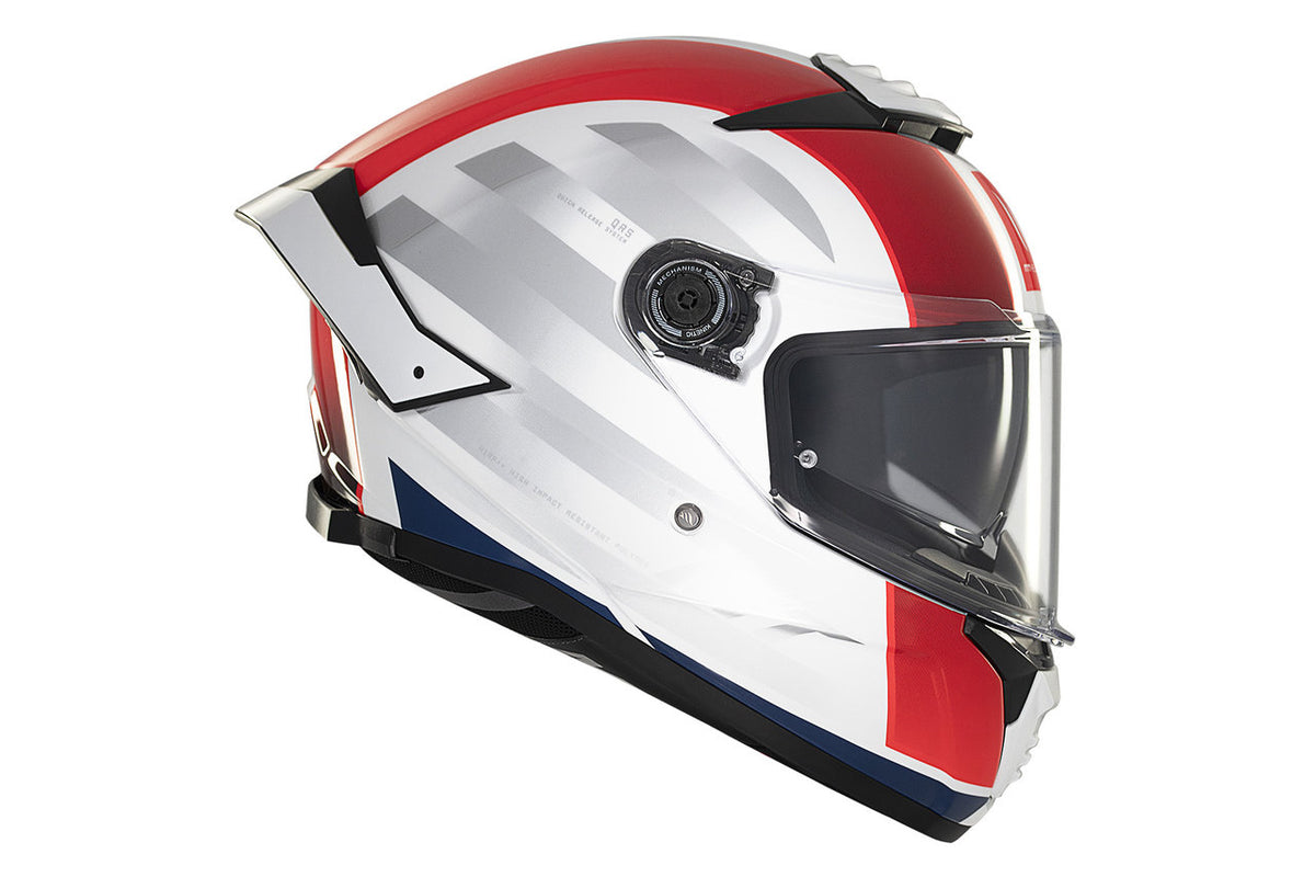 Sidovy av MT Helmets Integral Mc-Hjälm Thunder 4 SV Treads C7 med elegant grafik i rött, vitt och blått samt justerbart visir.