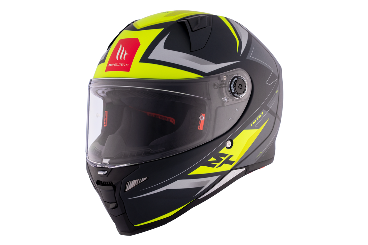 MT Helmets Integral Mc-Hjälm Revenge 2 Hatax C3 i svart och neongul design, med aerodynamisk form och visir för optimal säkerhet.